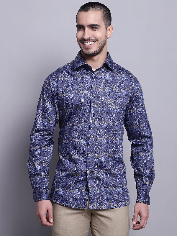 Men's Navy Blue Party Geometric Print Full Sleeve Shirt