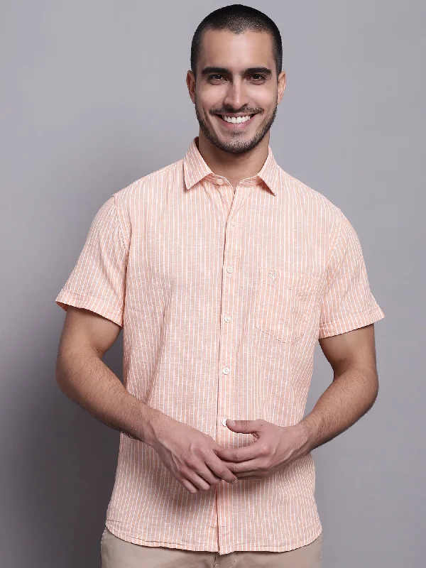 Men's Light Orange Casual Thin Stripe Half Sleeve Shirt