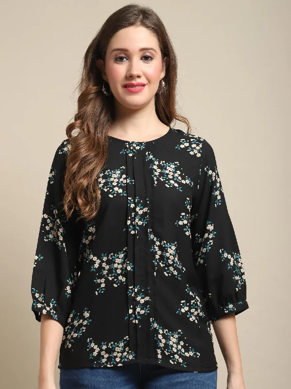 Women's Casual  Black Floral Print Round neck   Tunic