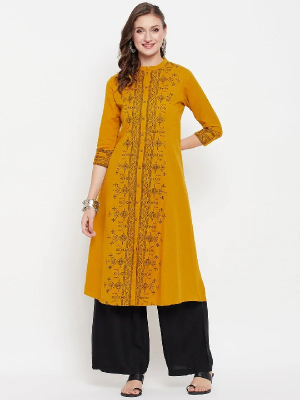 Women's  Band Collar Mustard Printed Calf length Kurti