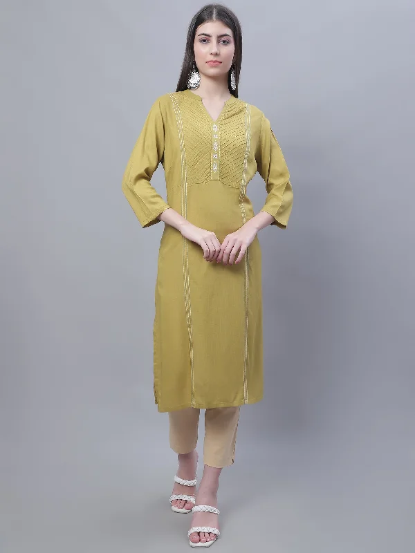 Women's  Band Collar Olive Green Embroidered Knee length Kurti