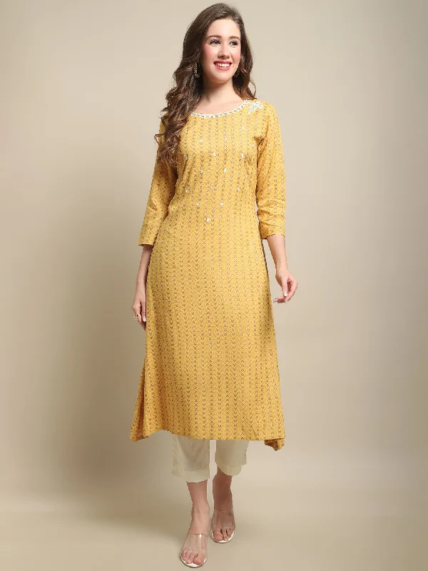 Women's Casual Round neck Yellow Printed & Embroidered Calf length Kurti