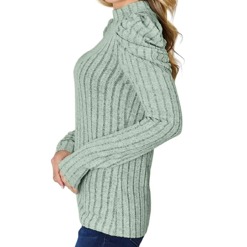 Basic Bae - Ribbed Mock Neck Top With Puff Sleeves