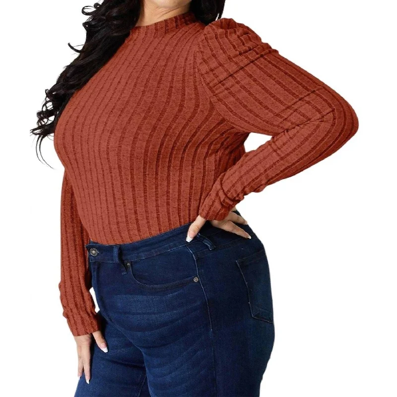 Basic Bae - Ribbed Mock Neck Top With Puff Sleeves