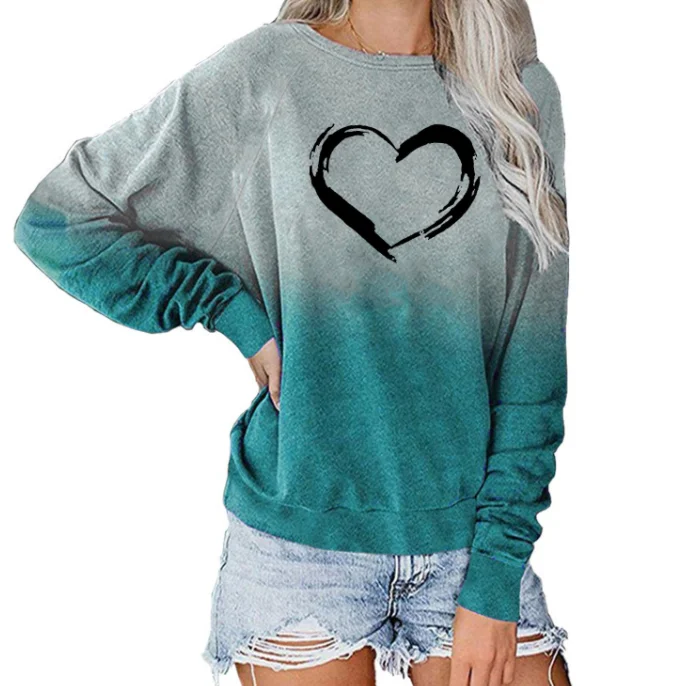 Gradient Lake Green Heart-Shaped Printed T-Shirt Women Wholesale