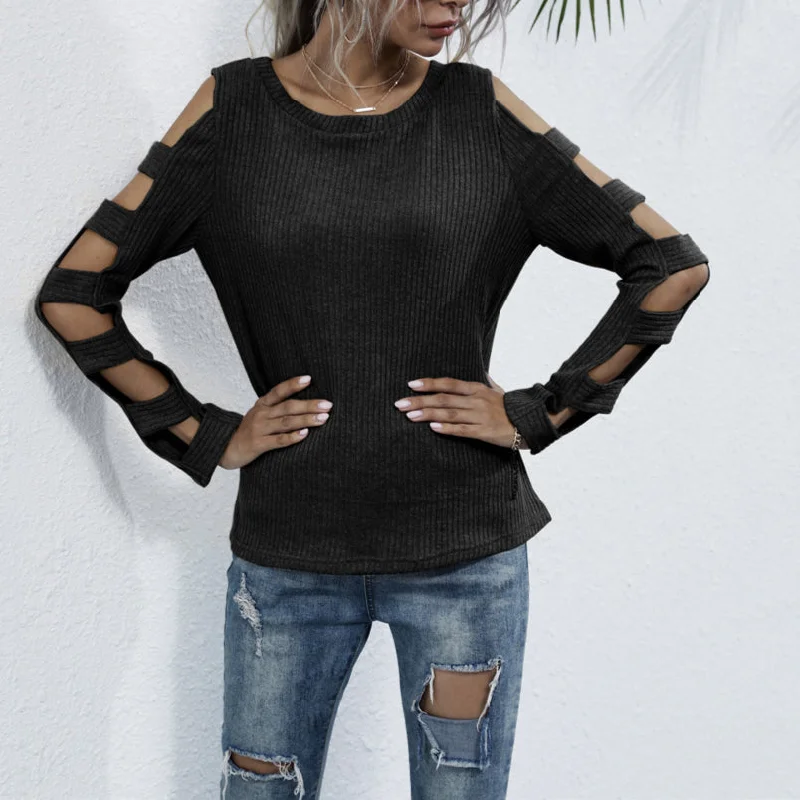 Hollow Black Long Sleeve Wholesale Women Top