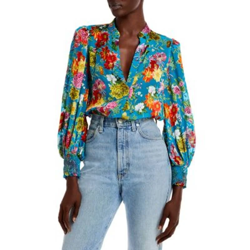 ALICE + OLIVIA Ladies Blue Basic Floral Print Smocked "Sheila" Blouse